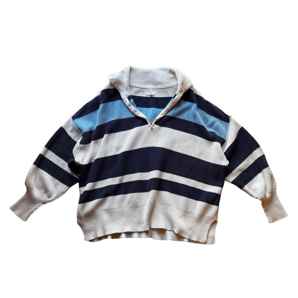 Aerie Women’s Blue White Navy Long Sleeve Quarter Zip Striped Pullover Sweater M